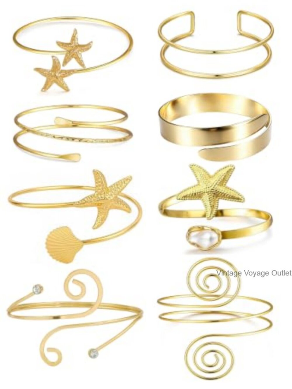 8 Pc Adjustable Arm Cuff Bracelet Set Starfish Shell Boho Bangle Armlet